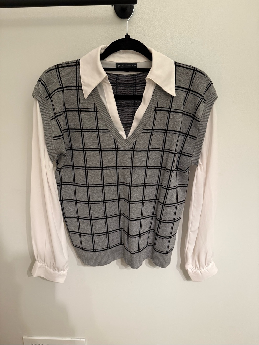 Adrianna Papell Gray Windowpane Sweater Vest with White Blouse Layered Look